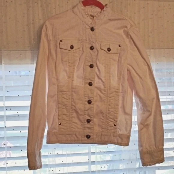 Chico's Woman's Pale Pink Ruffled Sleeves Jean Jacket, Size: 0 - Picture 1 of 9